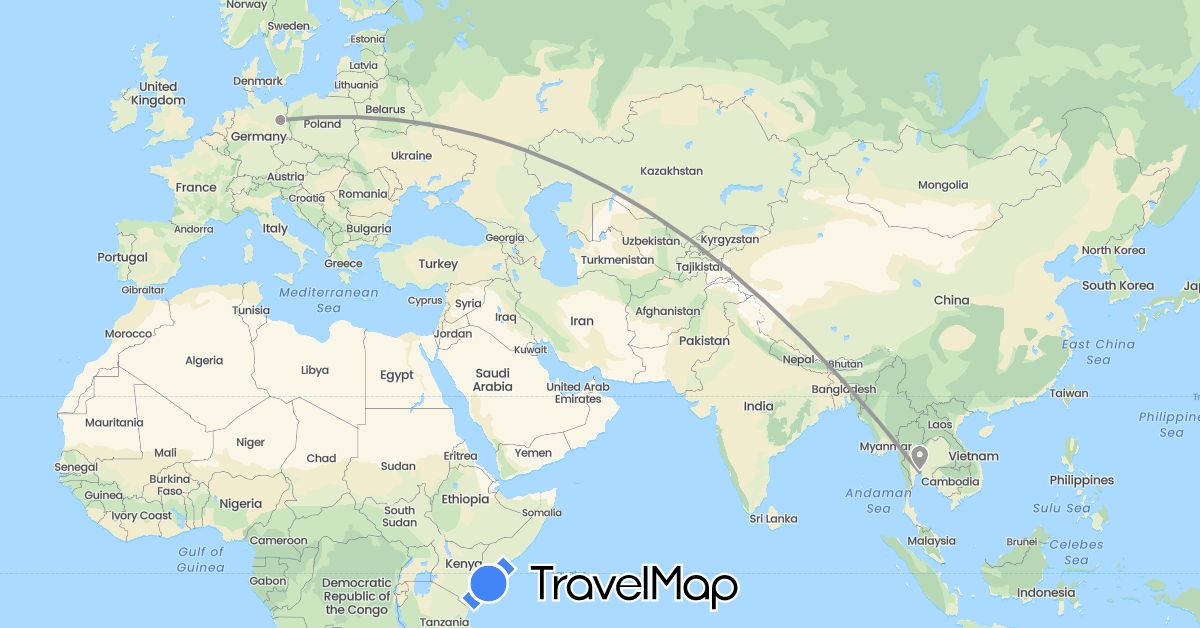 TravelMap itinerary: driving, plane in Germany, Thailand (Asia, Europe)