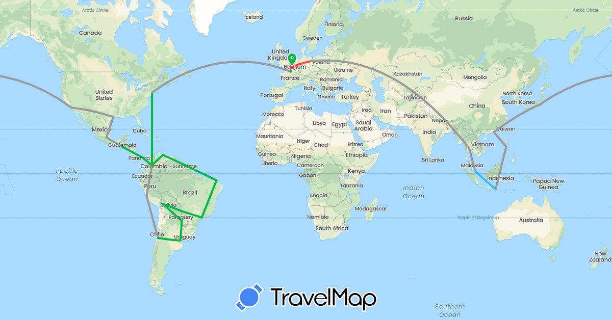 TravelMap itinerary: driving, bus, plane, hiking, boat in Argentina, Bolivia, Brazil, Chile, Colombia, Germany, France, Guatemala, Hong Kong, Indonesia, Japan, Mexico, Panama, Peru, Philippines, Paraguay, Singapore, Thailand, United States, Venezuela (Asia, Europe, North America, South America)